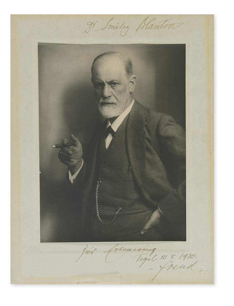 FREUD, SIGMUND. Photograph Signed and Inscribed, Dr. Smiley Blanton / . . . For Remembrance / . . . Freud, in German,
